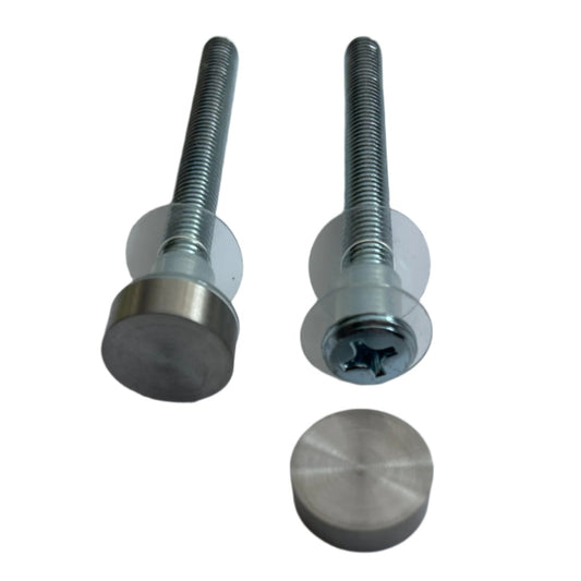 A pair of extension bolts with satin stainless finish, including a bolt with a button head and a removable cap.
