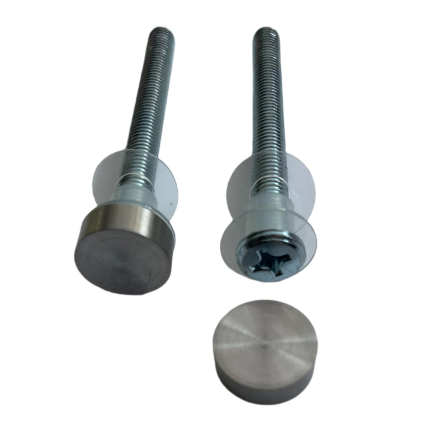 A pair of extension bolts with satin stainless finish, including a bolt with a button head and a removable cap.