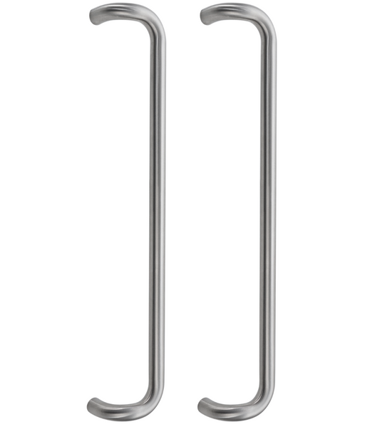 A pair of silver cranked pull handles designed for use on timber and glass doors.