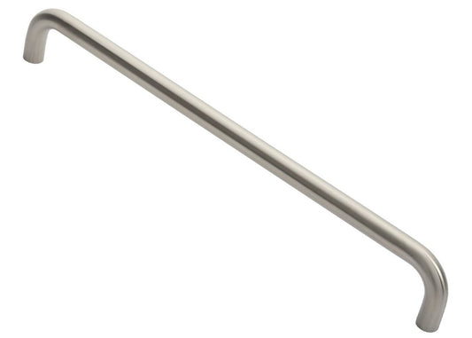 A satin stainless steel D shaped pull handle on a dark background, accompanied by two fix through bolts.