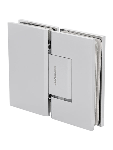 A silver shower hinge with a polished chrome finish, designed for connecting two glass shower panels.