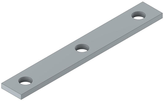 A straight connector for ceiling grids with three fixing holes, made of steel, in a gray color.