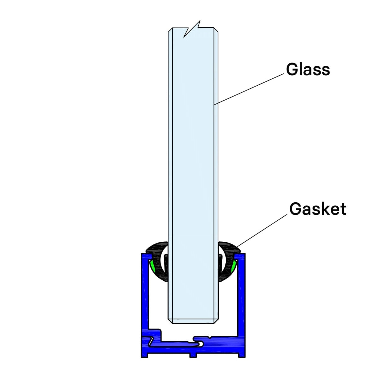 Aluminium 2pc  Glazing U Channel showne with Gaskets & Glass