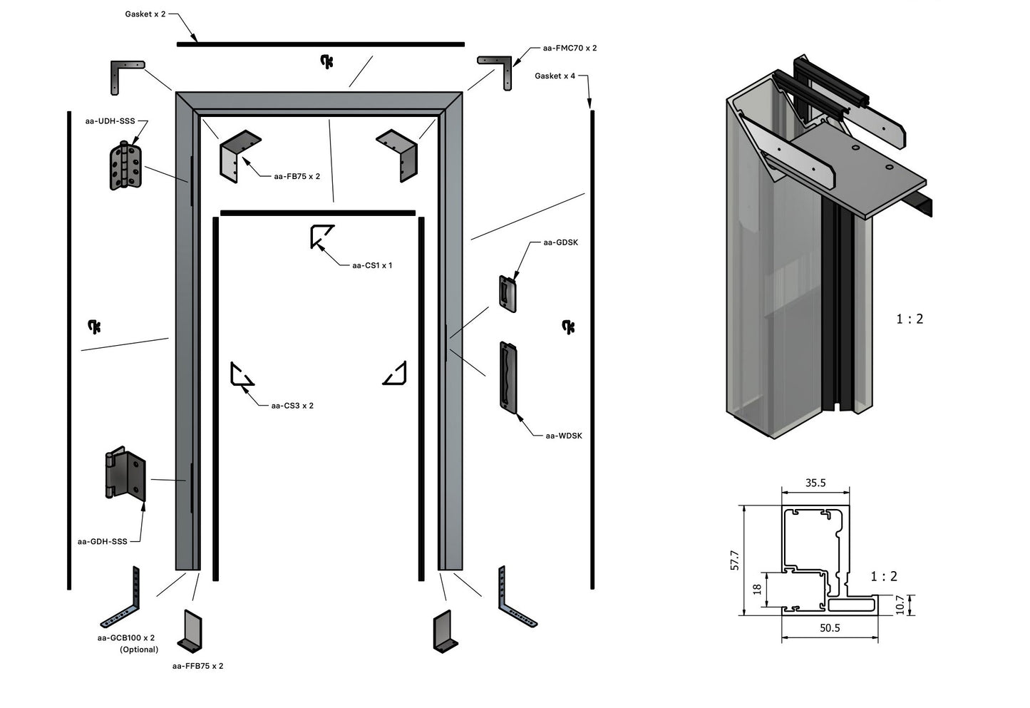 Single Glaze Door Frame Profiile Offset Glazing with Dimensions Kit