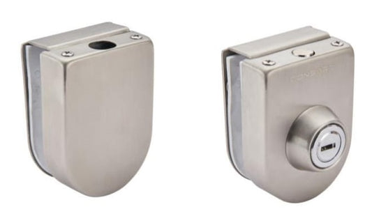 A satin stainless steel glass to glass door lock with a keyhole, designed for securing frameless glass doors.