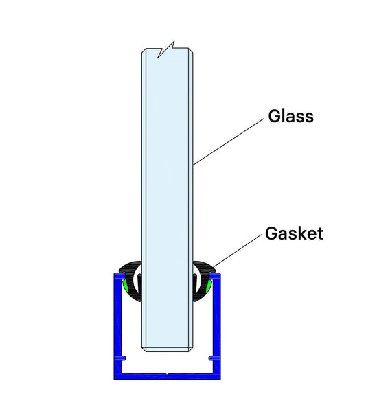 Aluminium Glazing U Channel shown  with Gaskets & Glass