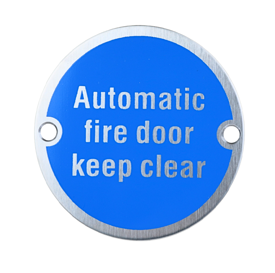 Automatic Fire Door Keep Clear - Circular Metal Door Sign - Pre Drilled 