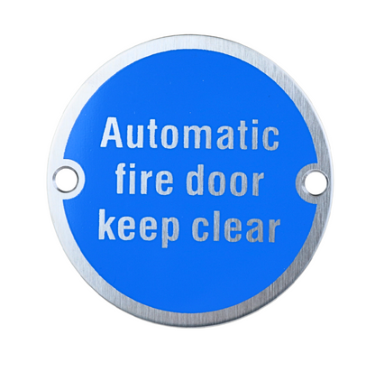 Automatic Fire Door Keep Clear - Circular Metal Door Sign - Pre Drilled 