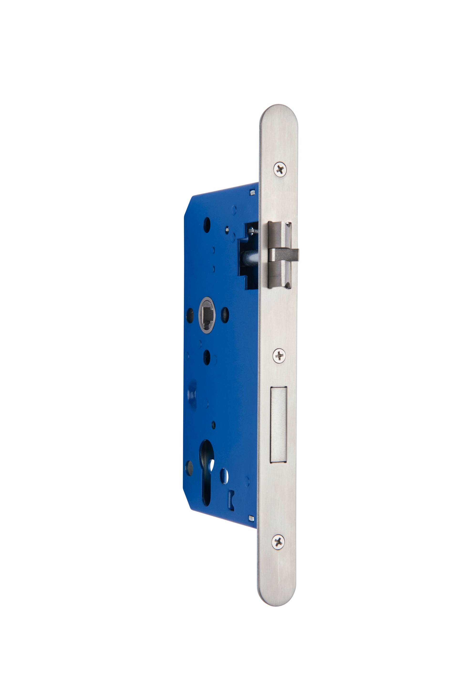 A blue sash door lock with a metal-to-metal contact mechanism and a deadbolt forend.