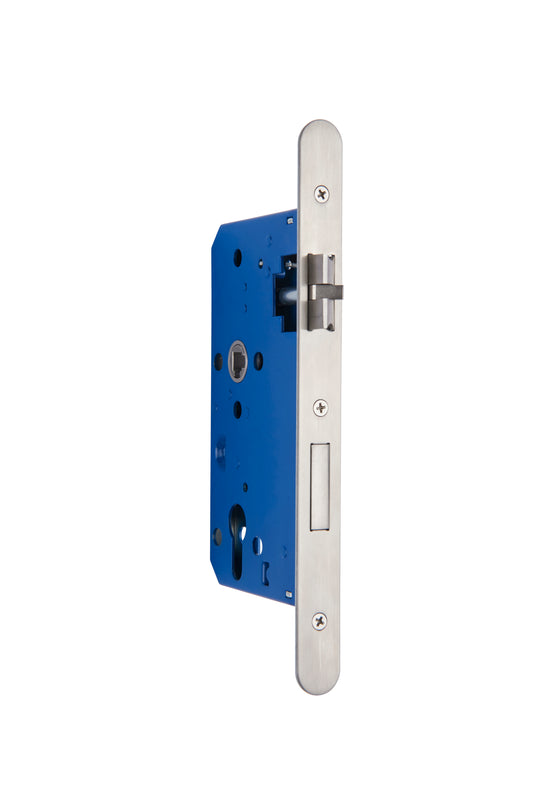 A blue sash door lock with a metal-to-metal contact mechanism and a deadbolt forend.