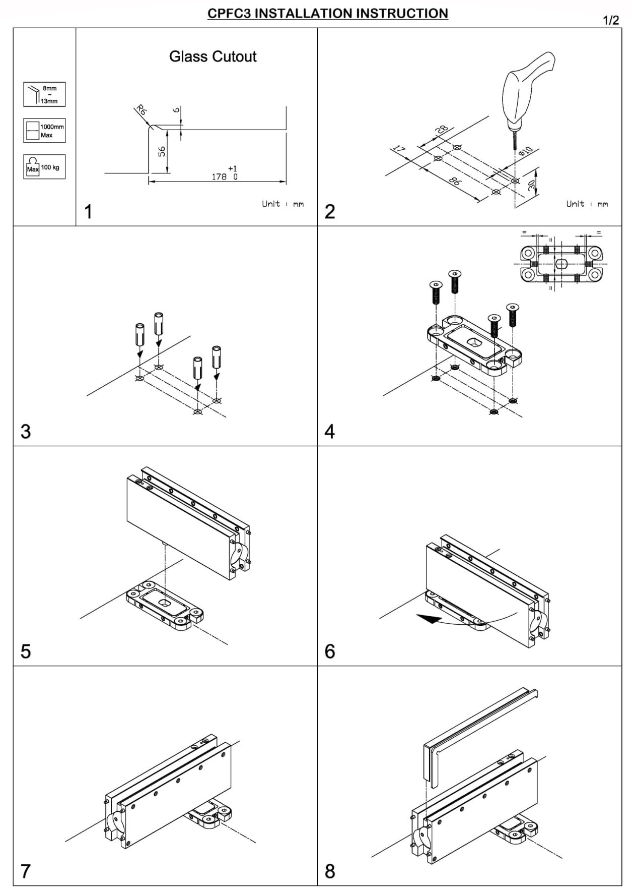 Glass Door Hydraulic Patch Closer - Floor Install Sheet 1