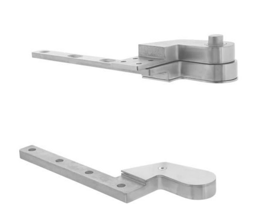 A set of metal door hinges, consisting of a top and bottom fixture, finished in silver.