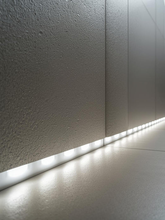 Close-up of a textured wall with a strip of LED lights running along the base.