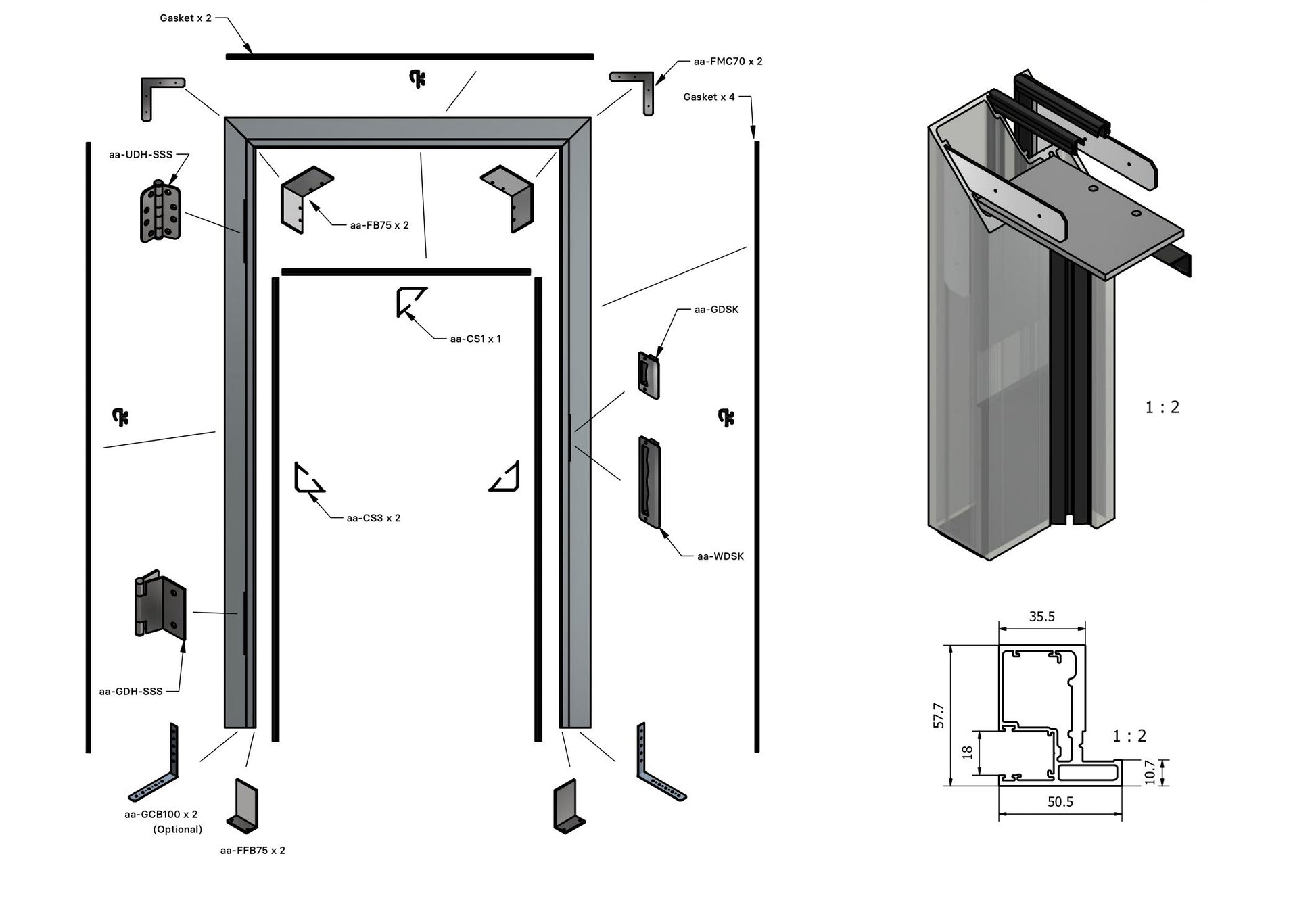 Single Glaze Door Frame Profiile Offset Glazing with Dimensions Kit