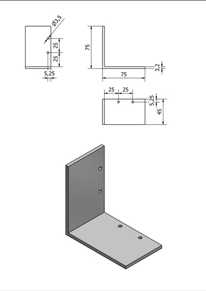 Technical drawing of a metal bracket with dimensions on a white background